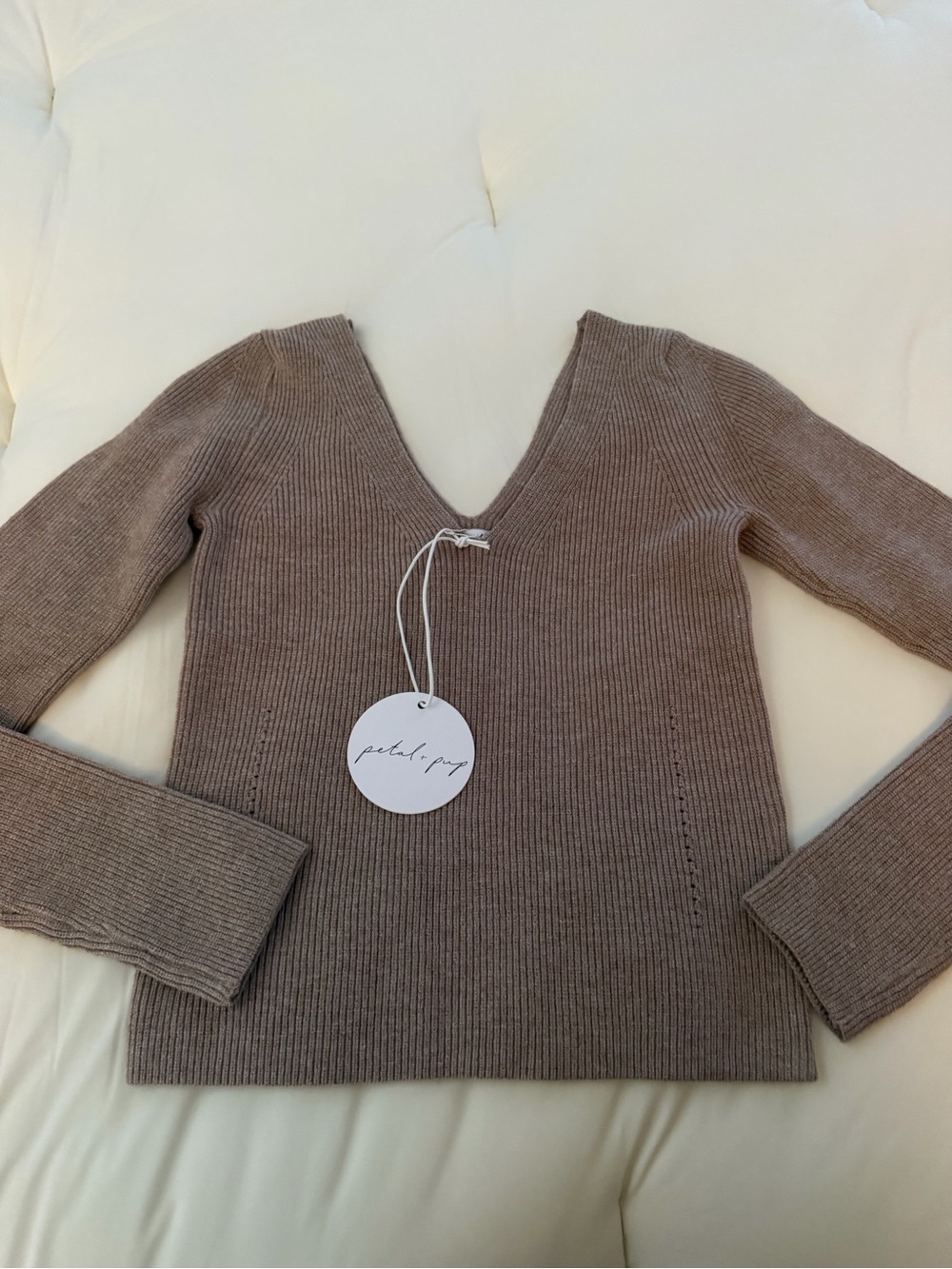 Petal & Pup Ribbed V-Neck Sweater in Taupe